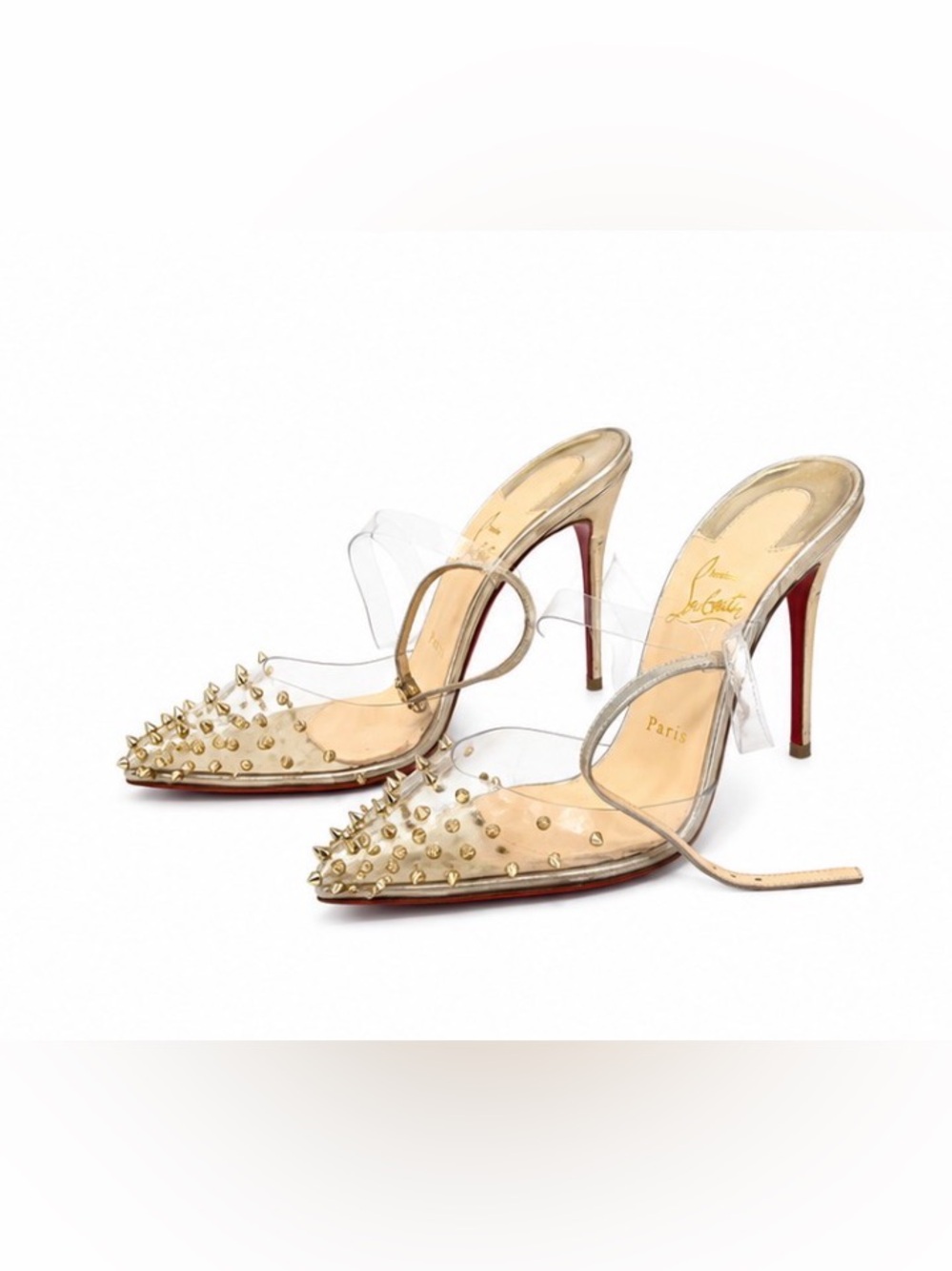 Christian Louboutin Clear PVC Pointed-Toe Studded Stilettos with Gold Accents